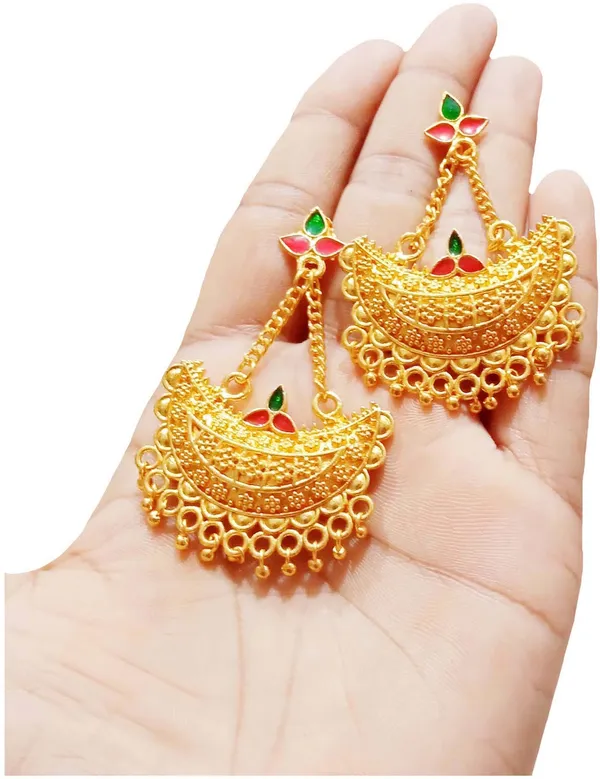 Assamese_Traditional_Copper_Gold_Plated_Red_Green_Colour_Jhumki_Earring_For_Girls_&_Women